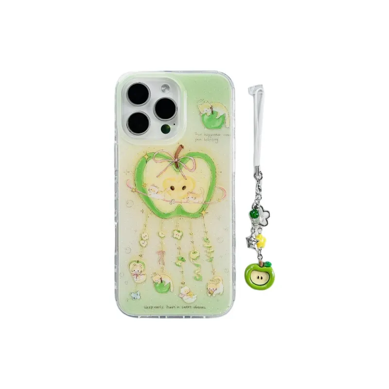 Sopi Acrylic Material Glitter Green Apple Kitten Pendant Phone Cases Compatible With IPhone 16/15/13/14/Pro/Ma-0