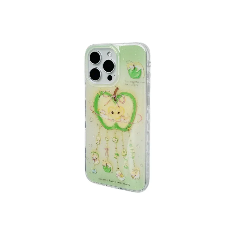 Sopi Acrylic Material Glitter Green Apple Kitten Pendant Phone Cases Compatible With IPhone 16/15/13/14/Pro/Ma-4
