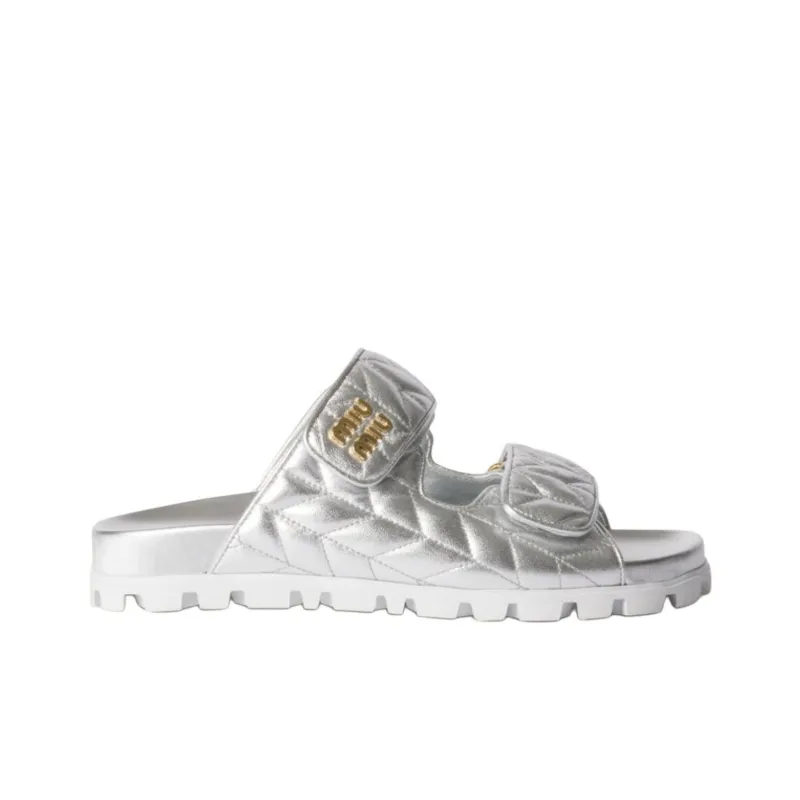 MIU MIU Matelassé Slide Slippers Women's Silver-1