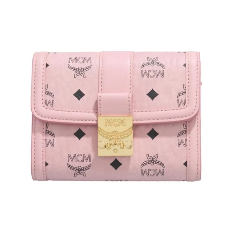 MCM Tracy Visetos Leather Wallet Small Size Women's Pink-0