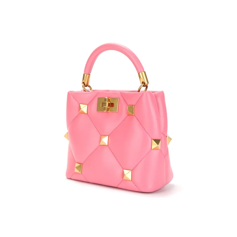 Valentino Roman Stud Sheepskin Leather Shoulder Bag Crossbody Bag Handbag Small Size Women's Pink-3