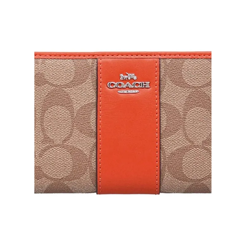 COACH Accordion Zip Canvas With Leather Clutches Wallets Women's Orange Stacked Brown Monogram-4