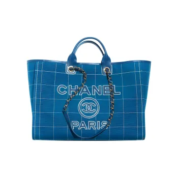 CHANEL Cotton With Calfskin Tote Bag Shopping Bag Shoulder Bag Handbag Extra Large Women's Blue
