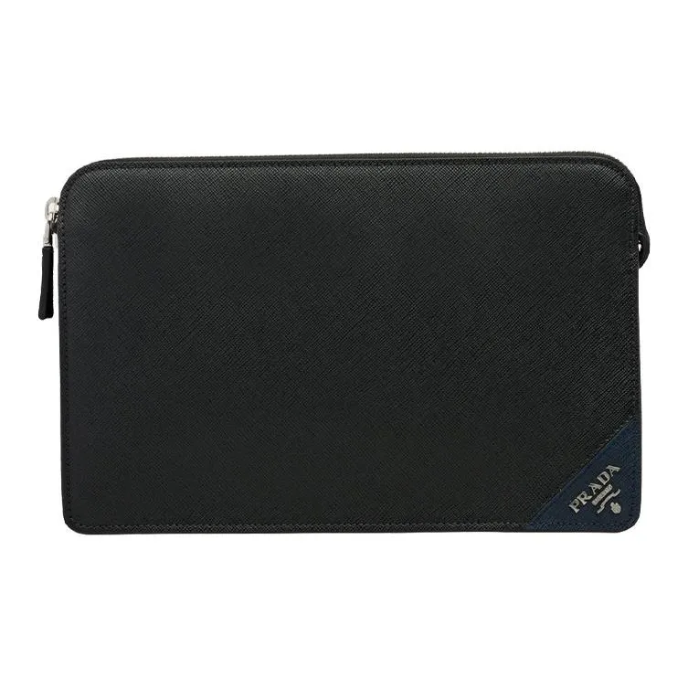 PRADA Saffiano Leather Clutch Men's Black/Baltic Blue-0