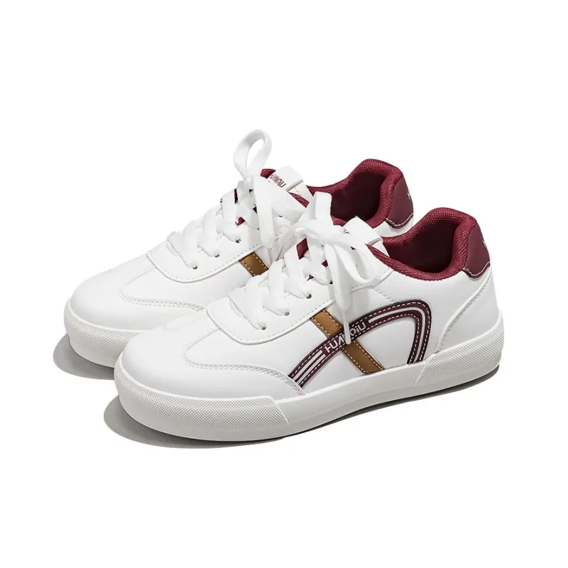 HUANQIU Anti-Slip And Wear-Resistant Height Increasing Low-Top Skateboard Shoes Women's White Burgundy-2
