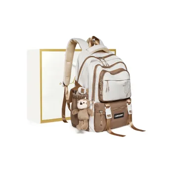 Narandu Fabric Backpacks Large Size Unisex Milk Tea/Burgundy/Pink & Blue