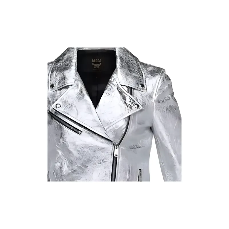 MCM Leather Jacket Women's Silver-2