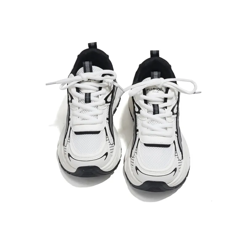 HUANQIU Wear-Resistant Lightweight Height Increasing Low-Top Chunky Sneakers Women's White Black-4