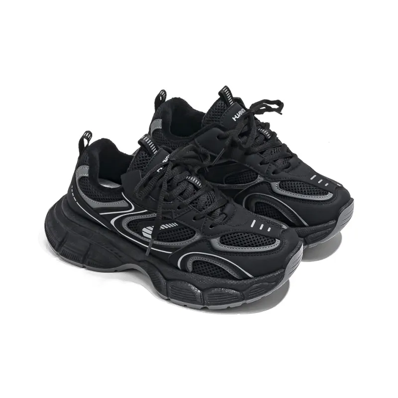HUANQIU Durable Breathable Lightweight Low-Top Chunky Sneakers Women's Black-3