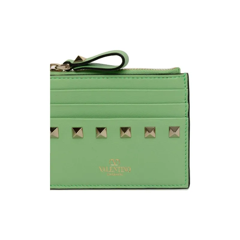 Valentino Rockstud Calfskin Card Holder Women's Green-3