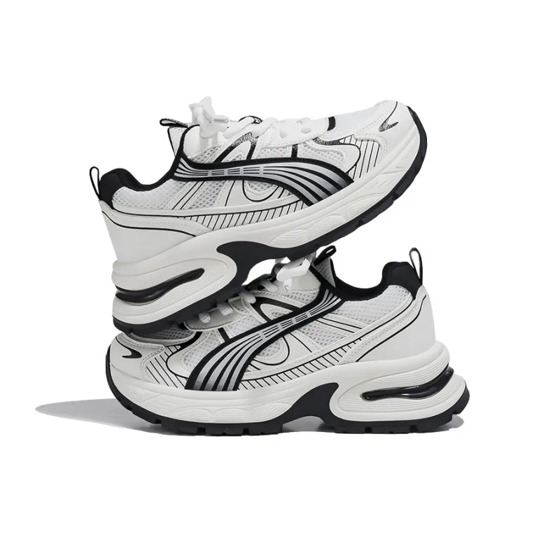 HUANQIU Wear-Resistant Lightweight Height Increasing Low-Top Chunky Sneakers Women's White Black-2