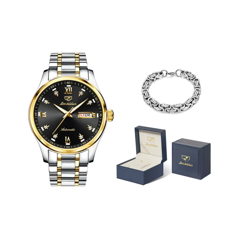 Jin Shi Dun Mechanical Movement Stainless Steel Watchband Watch Men's Watches Black Dial-7