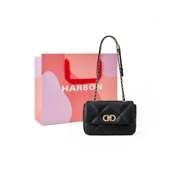 HARSON Cow Leather Crossbody Bag Small Square Bag Medium Size Women's Black/Ecru