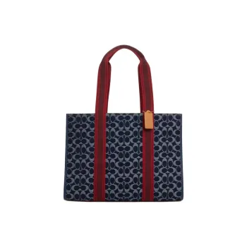 COACH Signature Denim With Leather Tote Bag, Shopping Bag, Handbag Large Size Women's Denim Blue