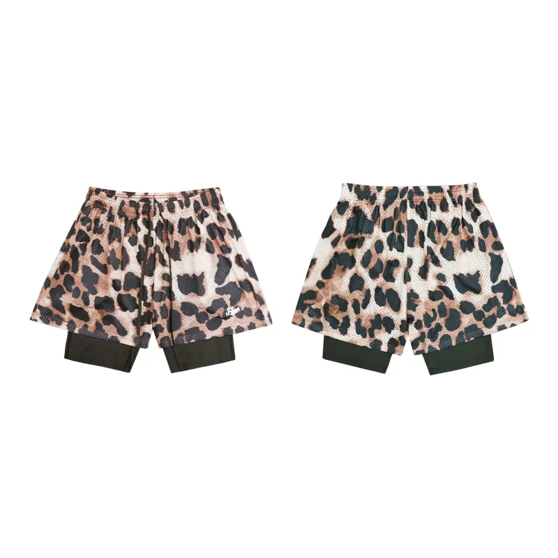 FINDBETTER Leopard Print Double Layer Shorts Unisex-1