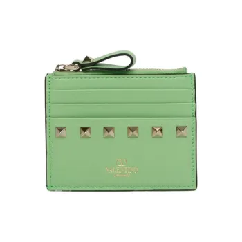 Valentino Rockstud Calfskin Card Holder Women's Green