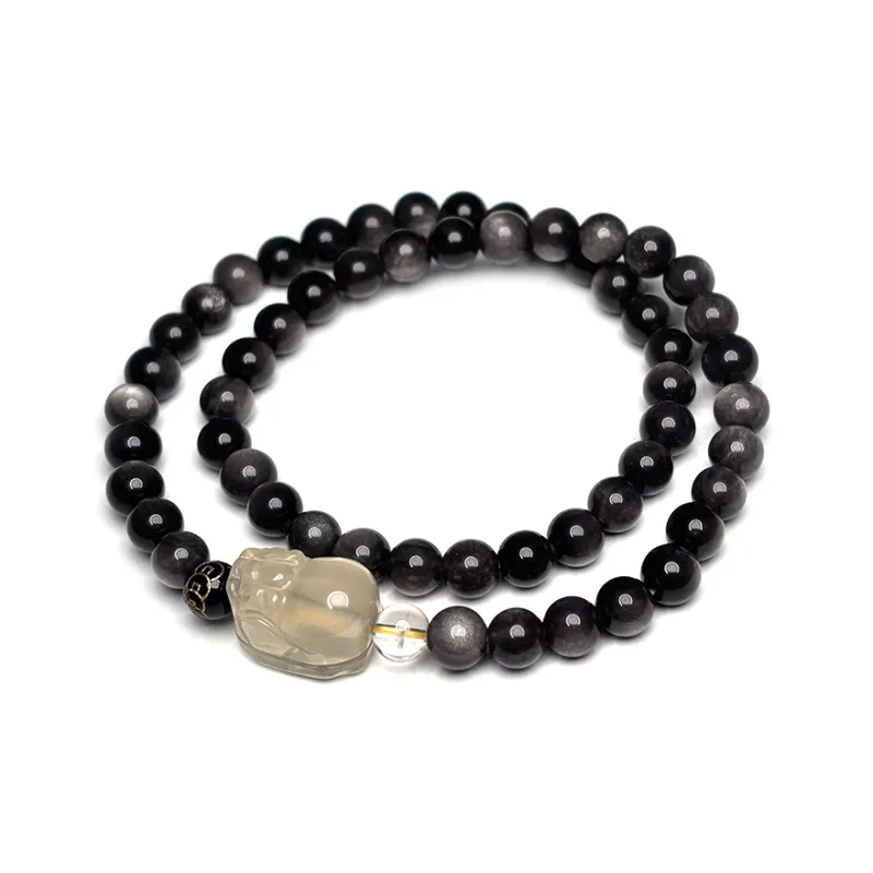 MOUNTAINS AND MANS Obsidian New Chinese Style Multi Wrap Good Luck Beaded Bracelet Unisex-4
