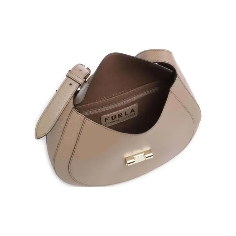 Furla Club 2 Grain Leather Shoulder Bag Medium Size Women's Taupe-3