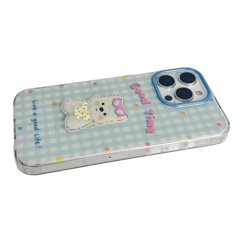 Sopi Acrylic Material Blue Plaid 3D West Highland Phone Cases Compatible With IPhone 16/15 Pro Max/Apple 13/14 Pro/Max-3