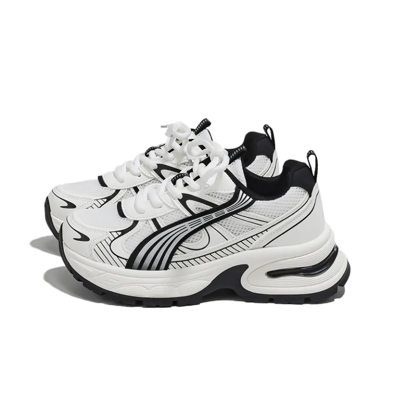 HUANQIU Wear-Resistant Lightweight Height Increasing Low-Top Chunky Sneakers Women's White Black-1