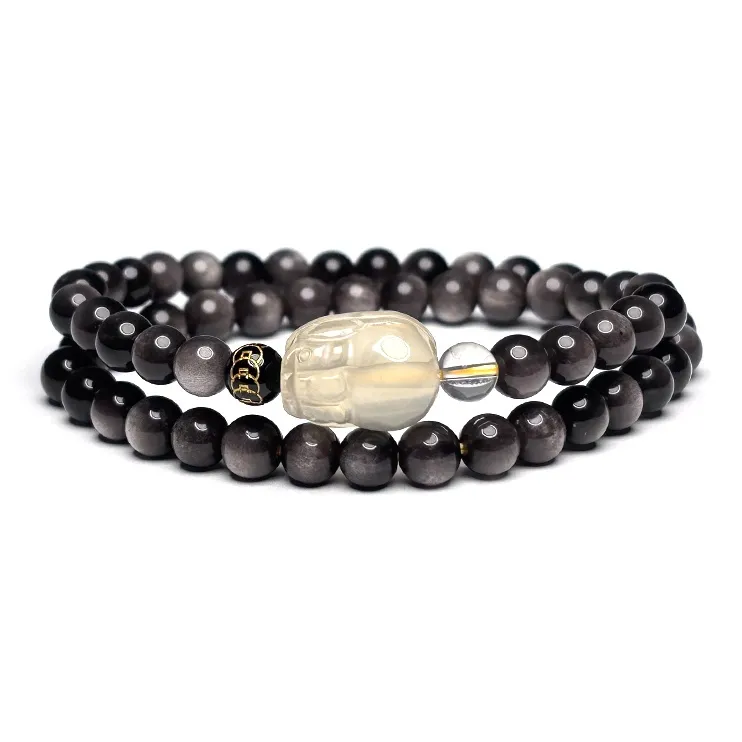 MOUNTAINS AND MANS Obsidian New Chinese Style Multi Wrap Good Luck Beaded Bracelet Unisex-3