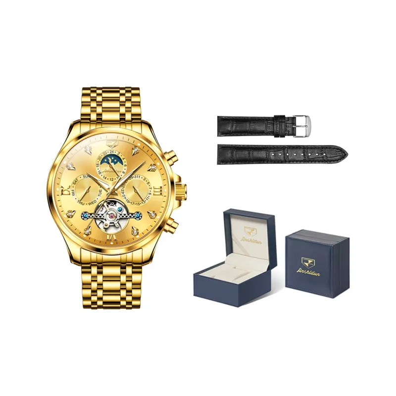 Jin Shi Dun Refined Box Mechanical Movement Stainless Steel Watchband Watch Men's Watches Black Dial-4