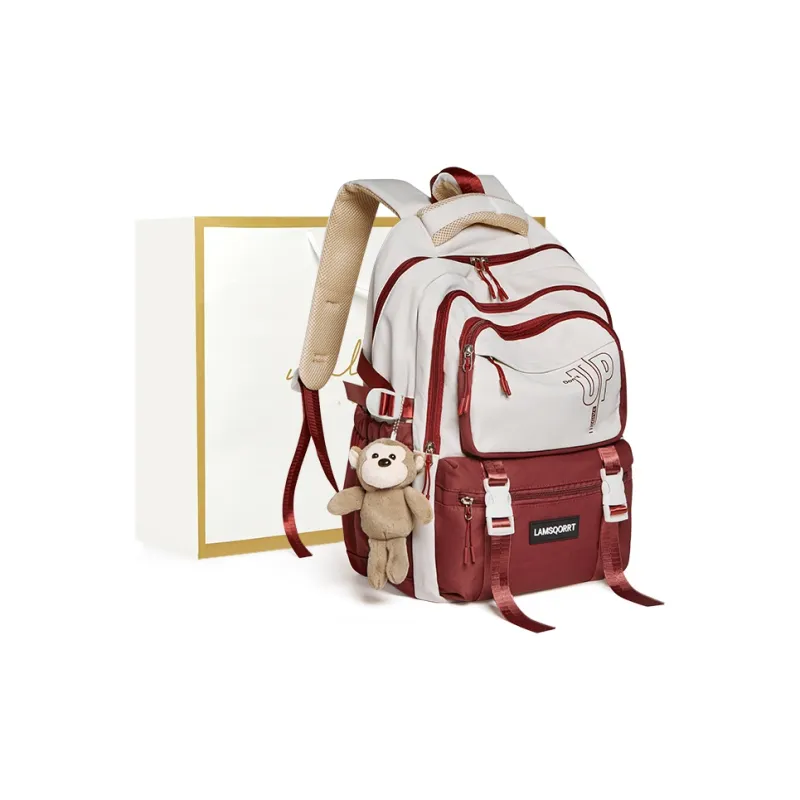 Narandu Fabric Backpacks Large Size Unisex Milk Tea/Burgundy/Pink & Blue-6