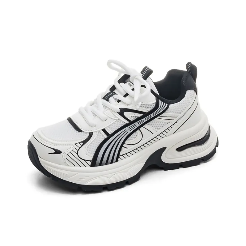 HUANQIU Wear-Resistant Lightweight Height Increasing Low-Top Chunky Sneakers Women's White Black-0