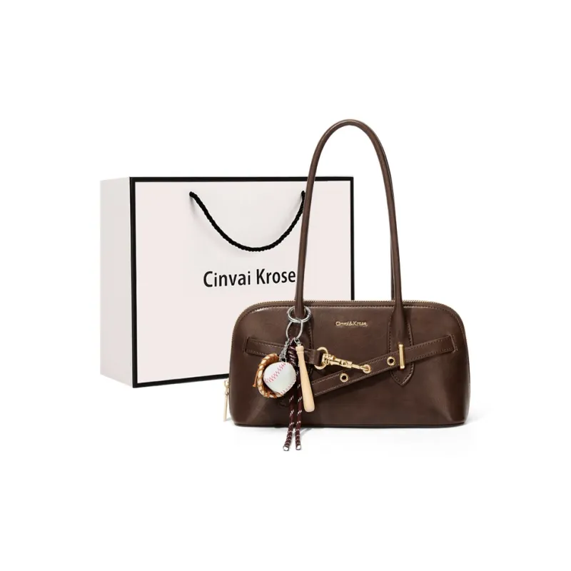 CinvaiKrose Cow Leather With Synthetic Leather Bowling Bag Pillow Bag Shoulder Bag Large Size Women's Brown/Coffee-3