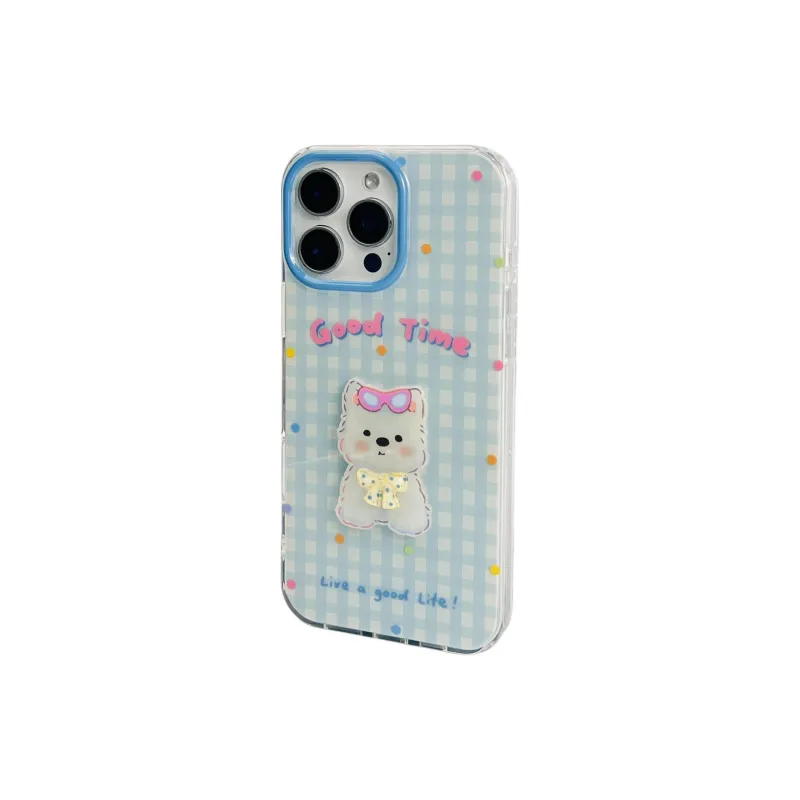 Sopi Acrylic Material Blue Plaid 3D West Highland Phone Cases Compatible With IPhone 16/15 Pro Max/Apple 13/14 Pro/Max-2