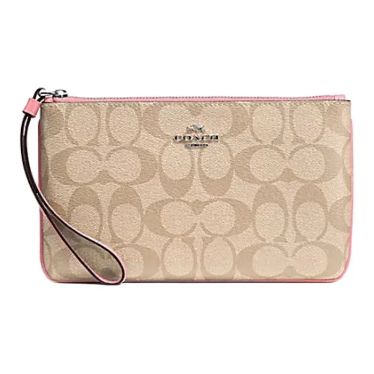 COACH Wristlet Canvas With Leather Wrist Bag Mahjong Clutch Small Size Women's Khaki With Light Pink-1
