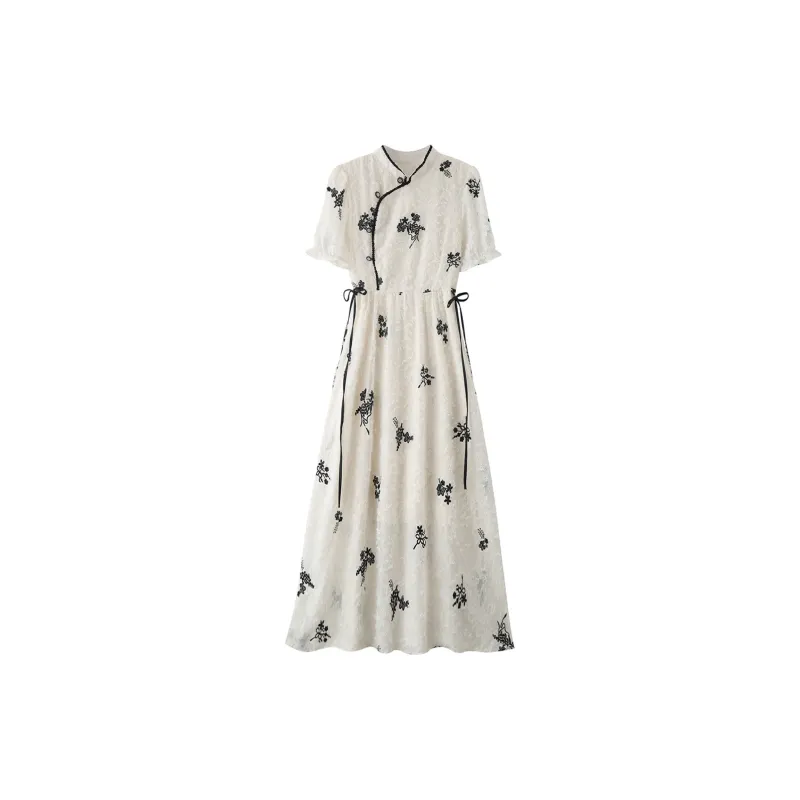 Wbwq Short Sleeved Dress Women's White With Black Floral-1