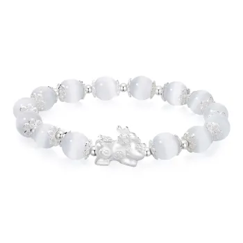 Lao Feng Xiang Glass Cat Eye Sterling Silver 990 Beaded Bracelet Unisex