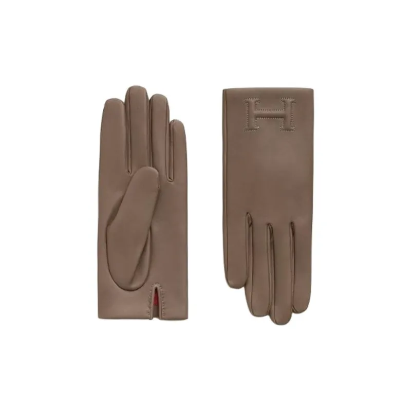 HERMES Leather Silk Gloves Women's Brown-0