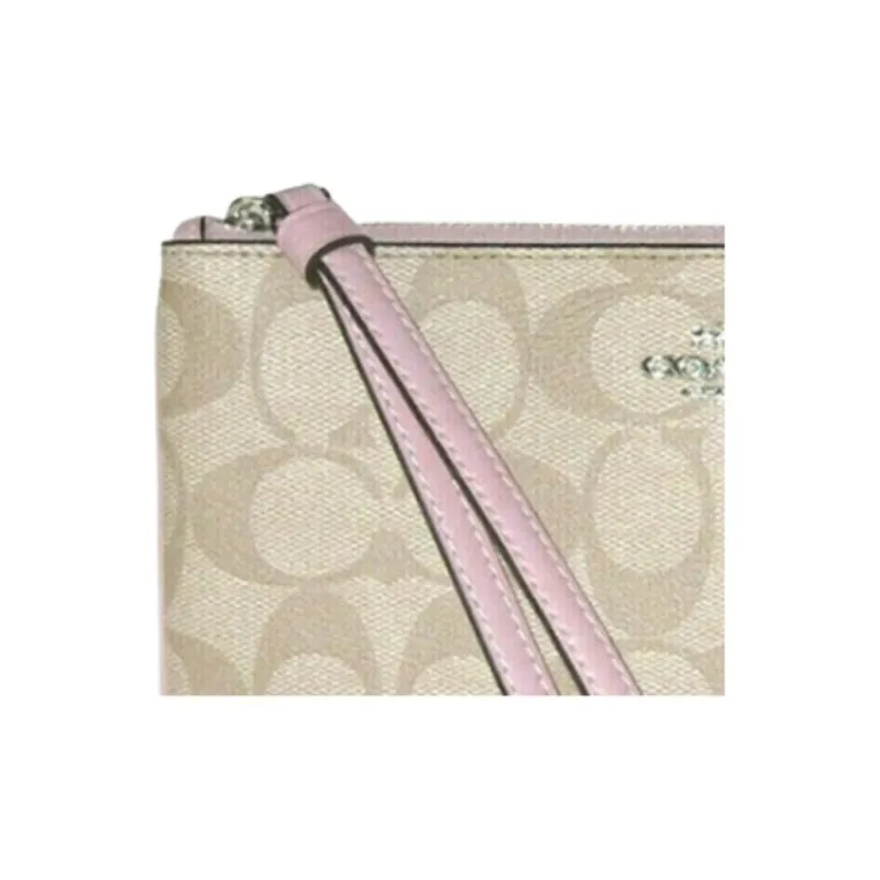 COACH Wristlet Canvas With Leather Wrist Bag Mahjong Clutch Small Size Women's Khaki With Light Pink-5