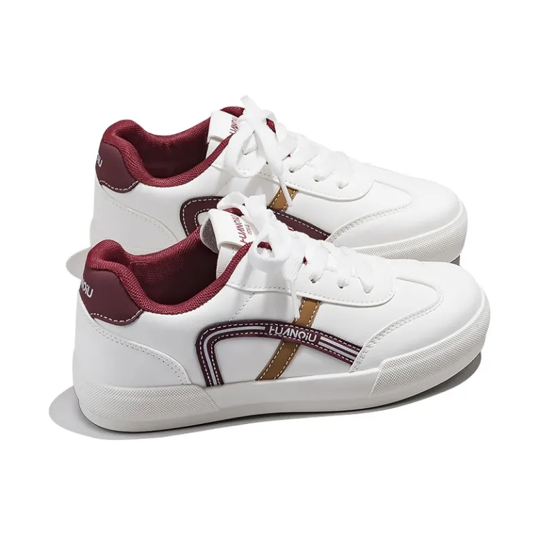 HUANQIU Anti-Slip And Wear-Resistant Height Increasing Low-Top Skateboard Shoes Women's White Burgundy-3