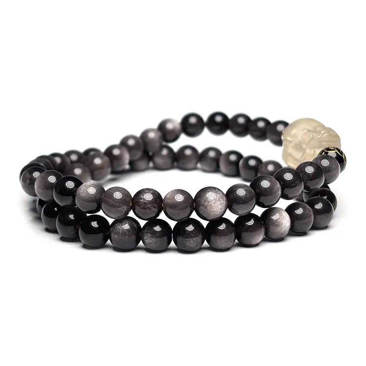 MOUNTAINS AND MANS Obsidian New Chinese Style Multi Wrap Good Luck Beaded Bracelet Unisex-1