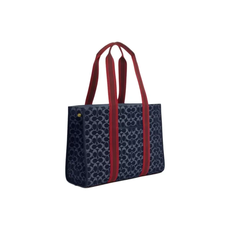 COACH Denim With Leather Tote Bag, Shopping Bag, Handbag Tubas Women's Denim Blue-1