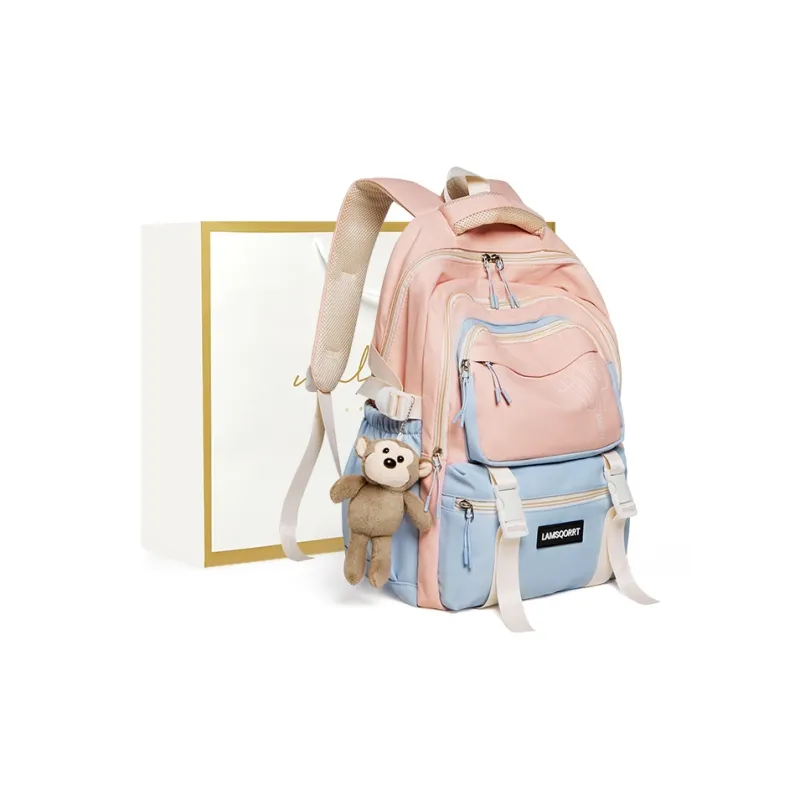 Narandu Fabric Backpacks Large Size Unisex Milk Tea/Burgundy/Pink & Blue-4