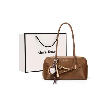 CinvaiKrose Cow Leather With Synthetic Leather Bowling Bag Pillow Bag Shoulder Bag Large Size Women's Brown/Coffee