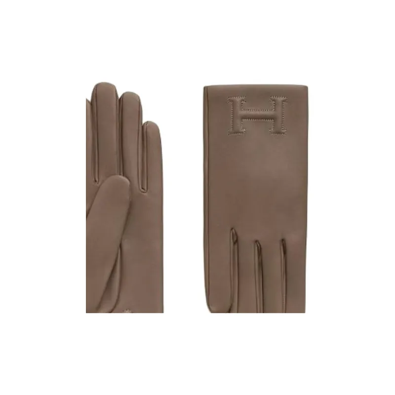 HERMES Leather Silk Gloves Women's Brown-1