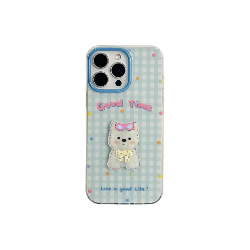 Sopi Acrylic Material Blue Plaid 3D West Highland Phone Cases Compatible With IPhone 16/15 Pro Max/Apple 13/14 Pro/Max-0