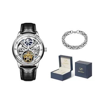 Jin Shi Dun Automatic Mechanical Movement Leather Strap Watch Men's Watches White Dial