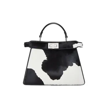 FENDI Peekaboo ISeeU Sheep Wool Leather Patchwork Shoulder Bag Crossbody Bag Handbag Small Size Women's Black/White