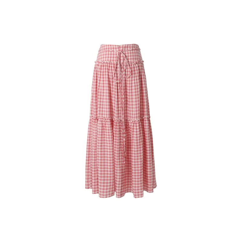 Rose Casual Long Skirts Women's Pink Plaid-1
