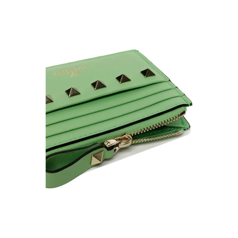 Valentino Rockstud Calfskin Card Holder Women's Green-2