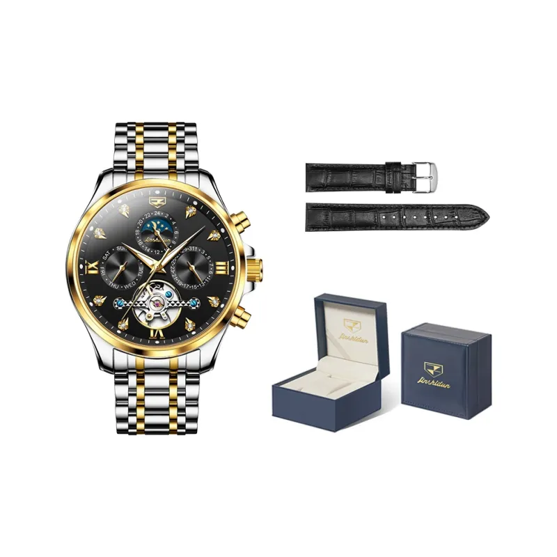 Jin Shi Dun Refined Box Mechanical Movement Stainless Steel Watchband Watch Men's Watches Black Dial-2
