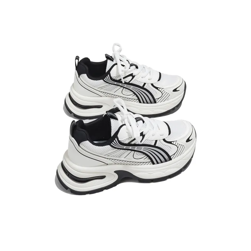 HUANQIU Wear-Resistant Lightweight Height Increasing Low-Top Chunky Sneakers Women's White Black-3