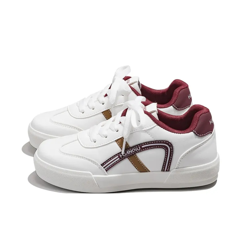 HUANQIU Anti-Slip And Wear-Resistant Height Increasing Low-Top Skateboard Shoes Women's White Burgundy-1