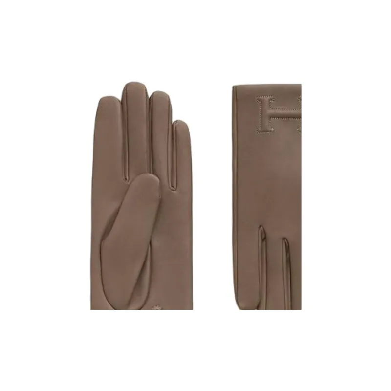 HERMES Leather Silk Gloves Women's Brown-2